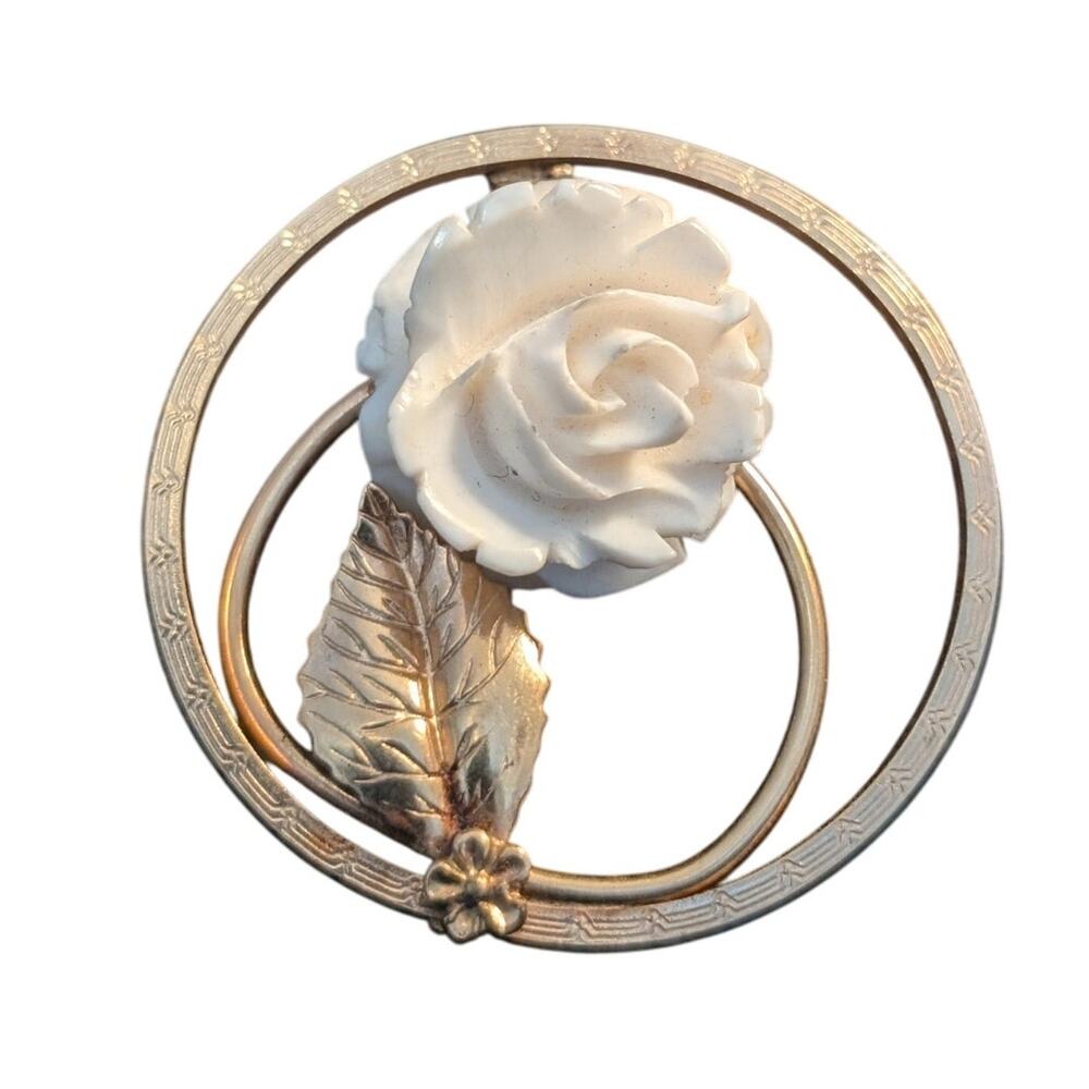 Vintage 4 Winard 12K GF White Carved Rose Flower Leaf Gold Tone Brooch